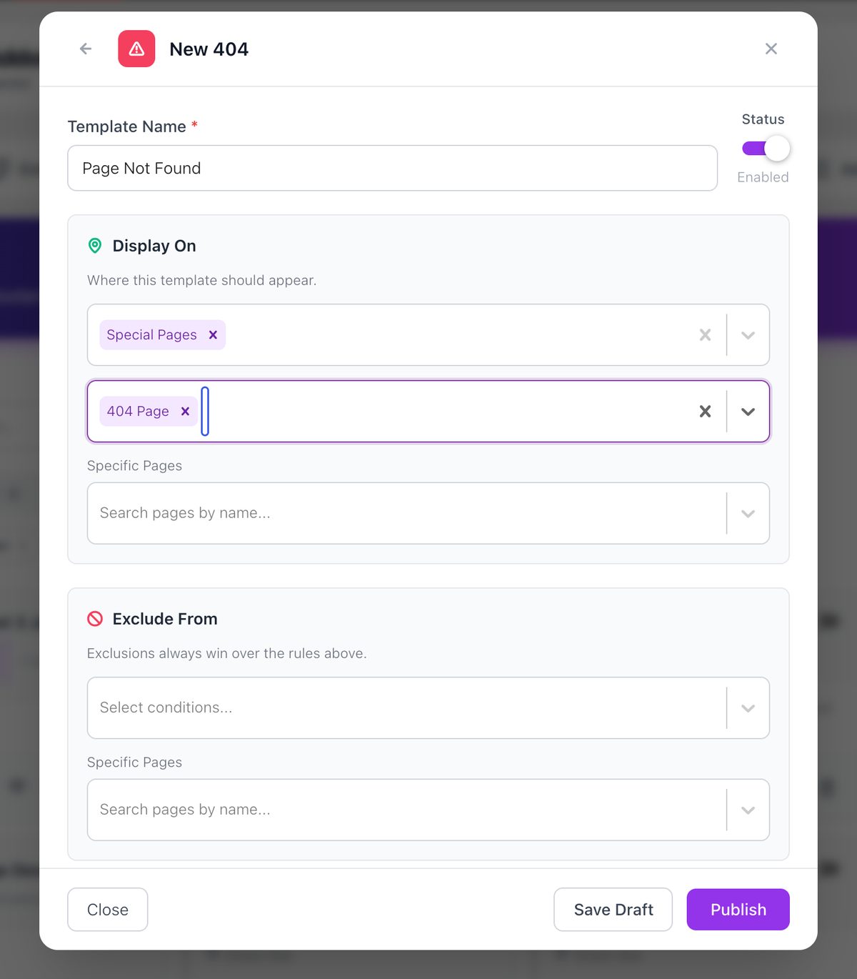 Elementor 404 page template settings with Display On set to 404 Page