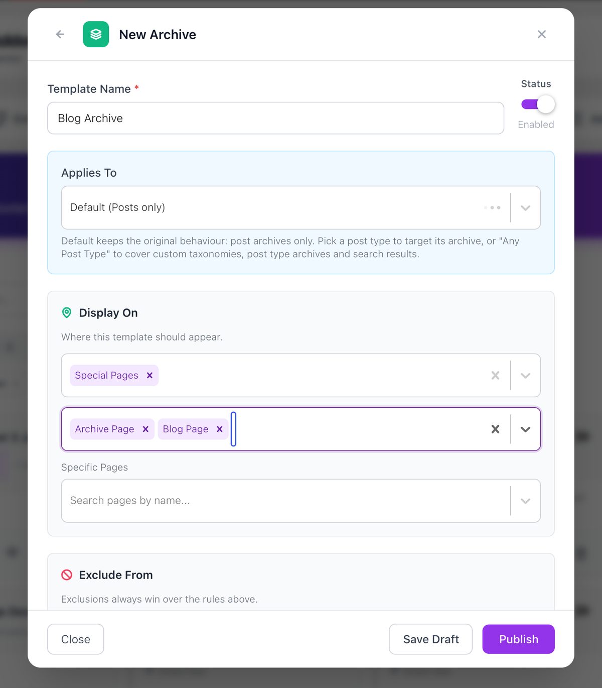 Elementor archive template settings with Display On set to Archive Page and Blog Page