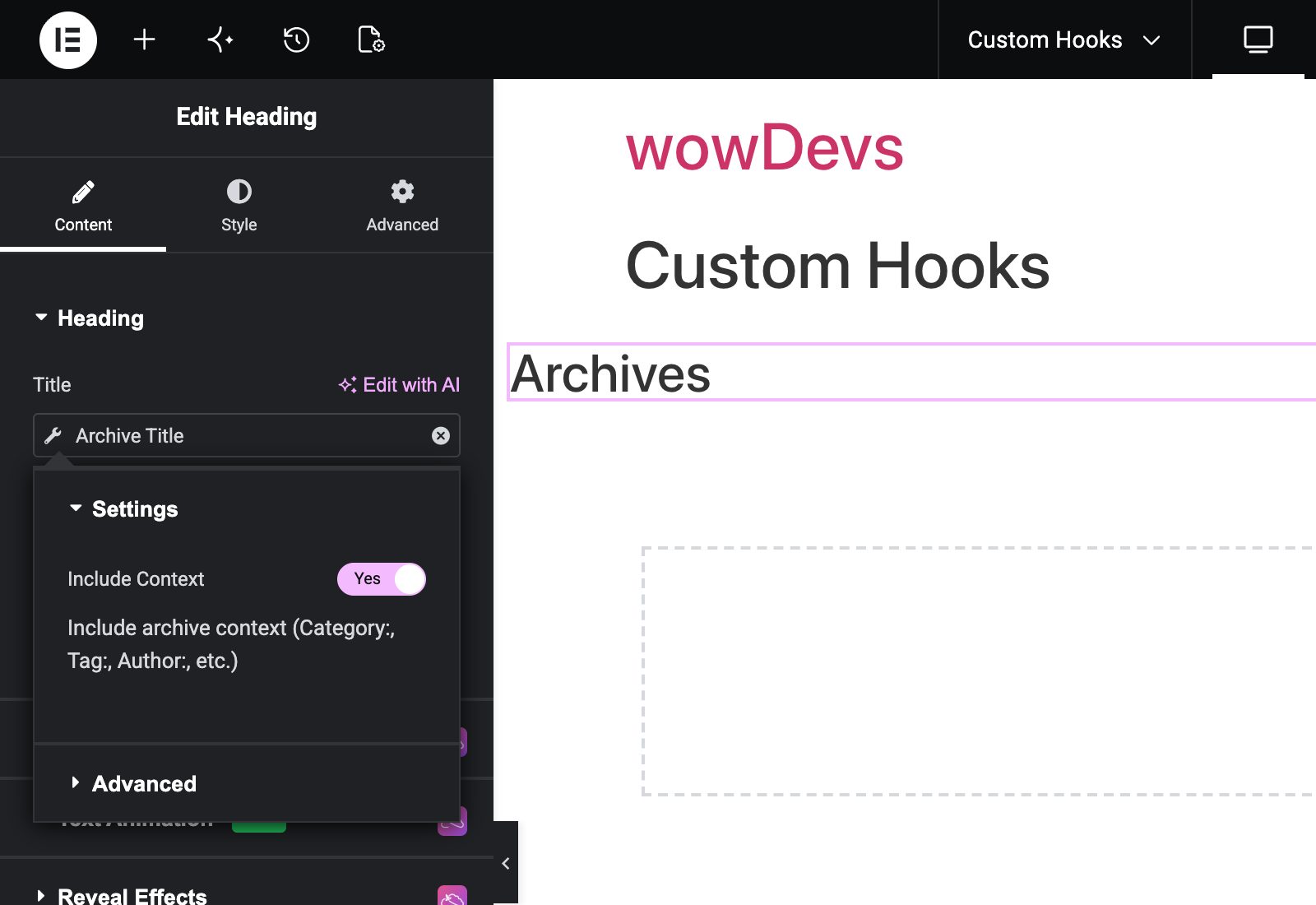Elementor Archive Title dynamic tag with Include Context setting