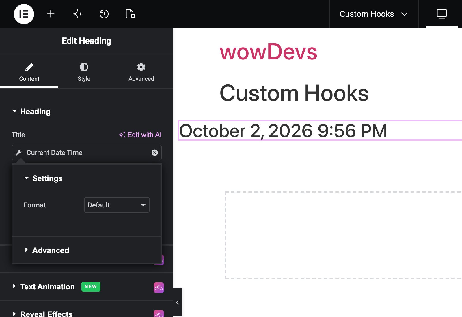 Elementor Current Date Time dynamic tag settings in Sky Addons