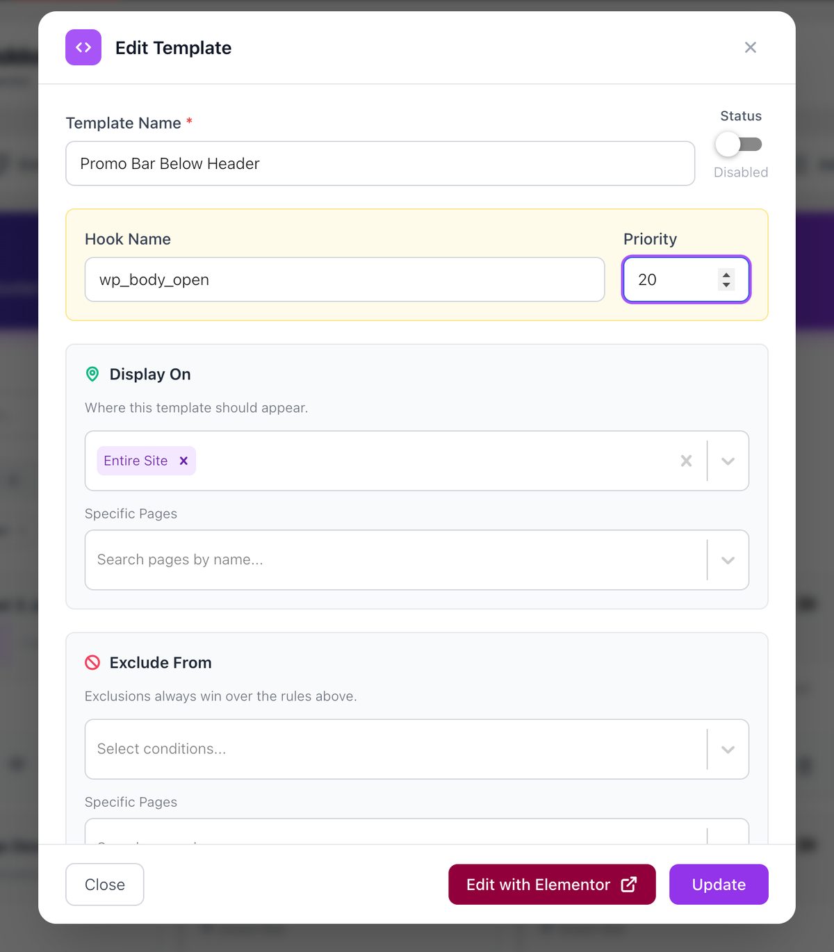 Elementor custom hooks template settings with Hook Name wp_body_open and Priority 20