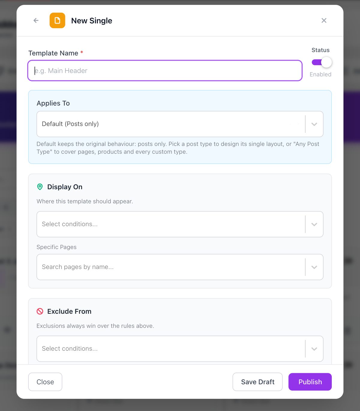 Elementor custom post type template Applies To setting in a new Single template