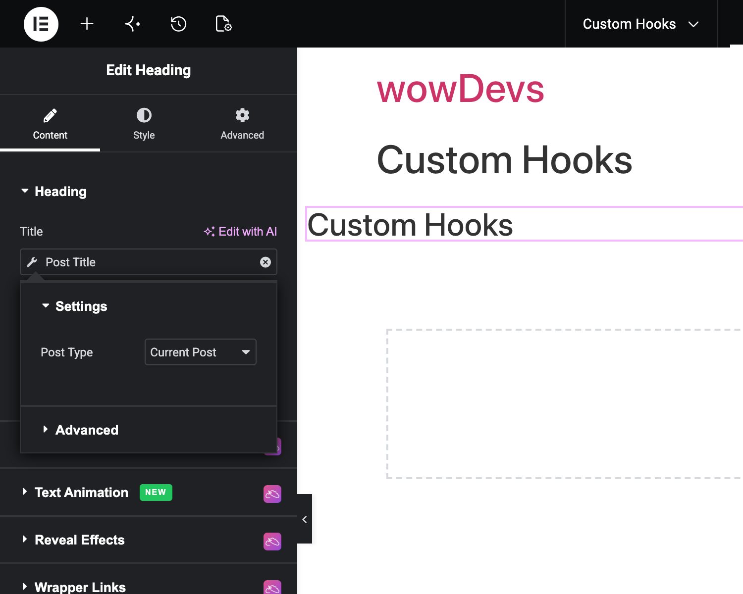 Elementor dynamic tag settings for Post Title with the Post Type option