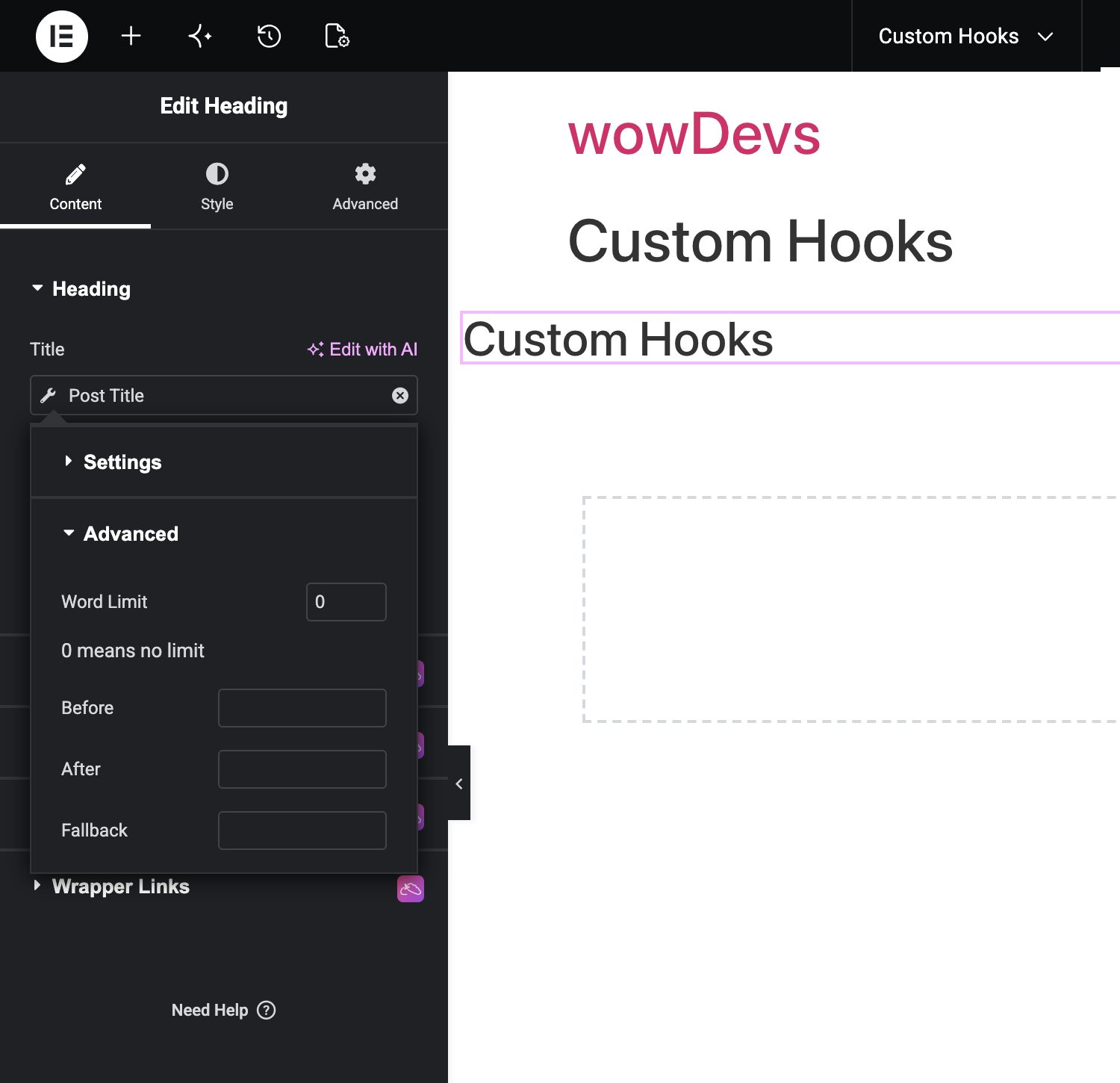 Elementor dynamic tag Advanced settings with Word Limit, Before, After and Fallback