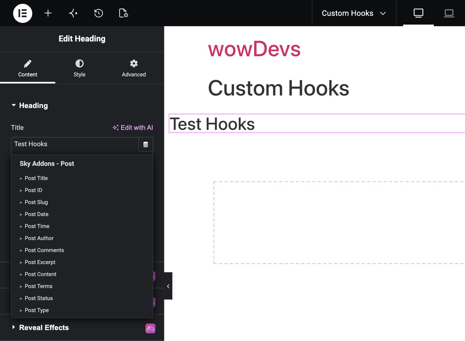 Elementor dynamic tags list used to check which Sky Addons groups load