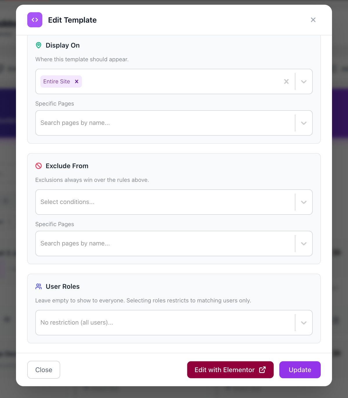 Elementor footer builder Display On, Exclude From and User Roles panels