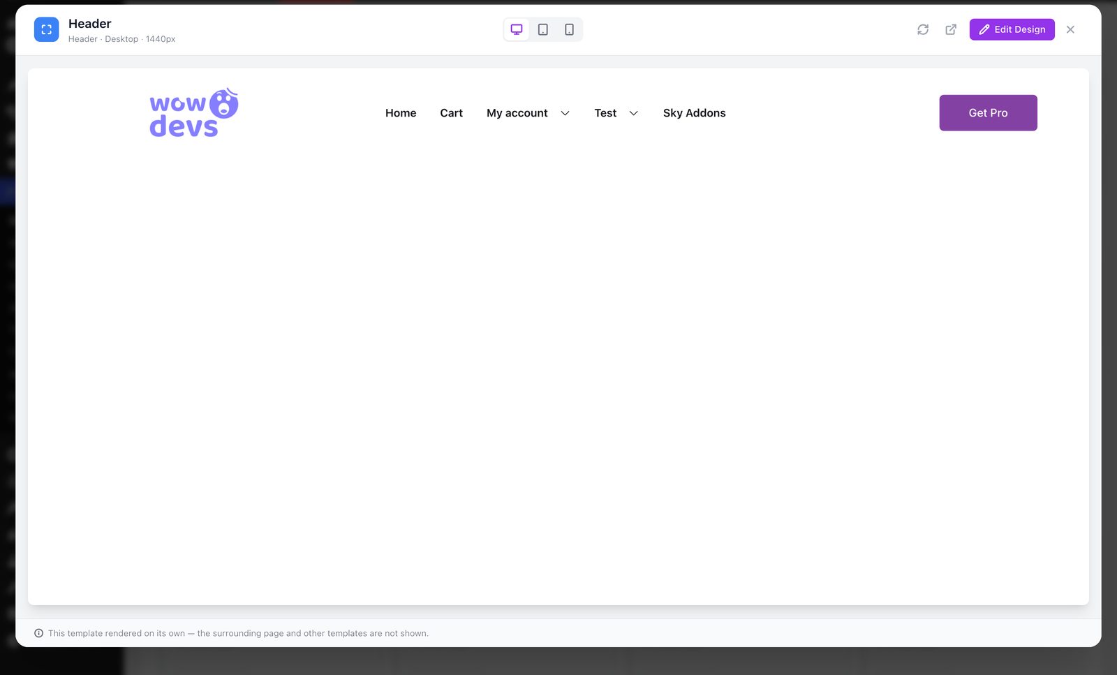 Elementor header template rendered on its own in the Sky Addons live preview