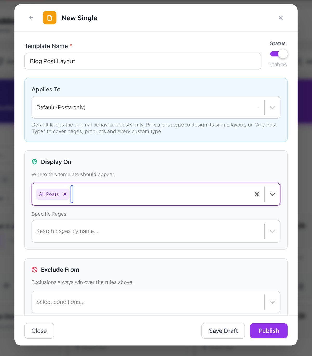 Elementor single post template settings with Applies To and Display On All Posts