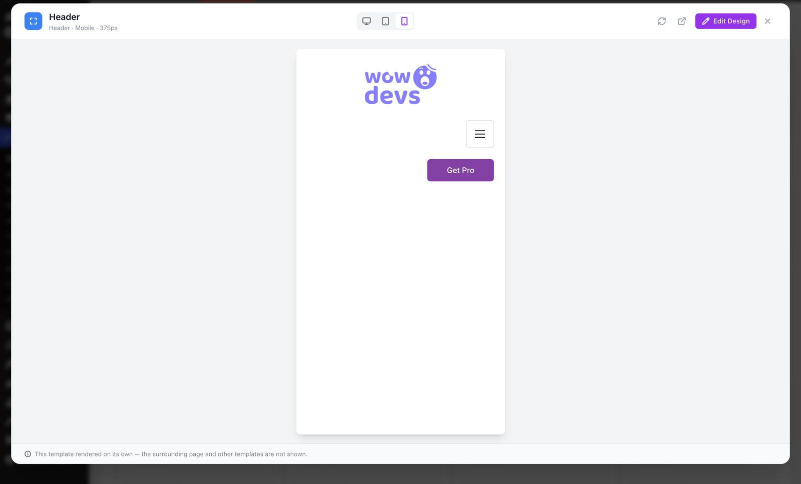 Elementor template preview of a header at mobile width 375px