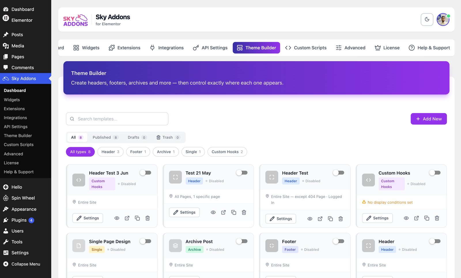 Elementor theme builder template list in the Sky Addons dashboard
