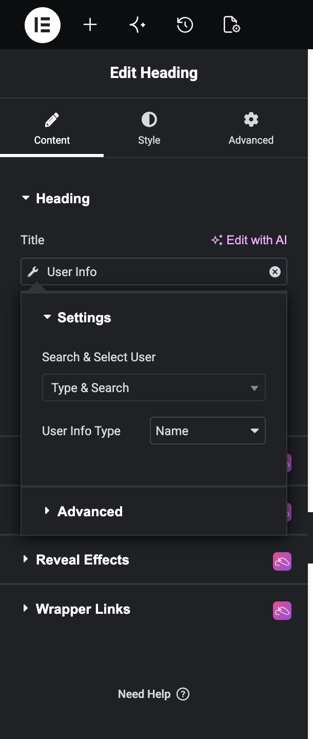 Elementor User Info dynamic tag settings in Sky Addons