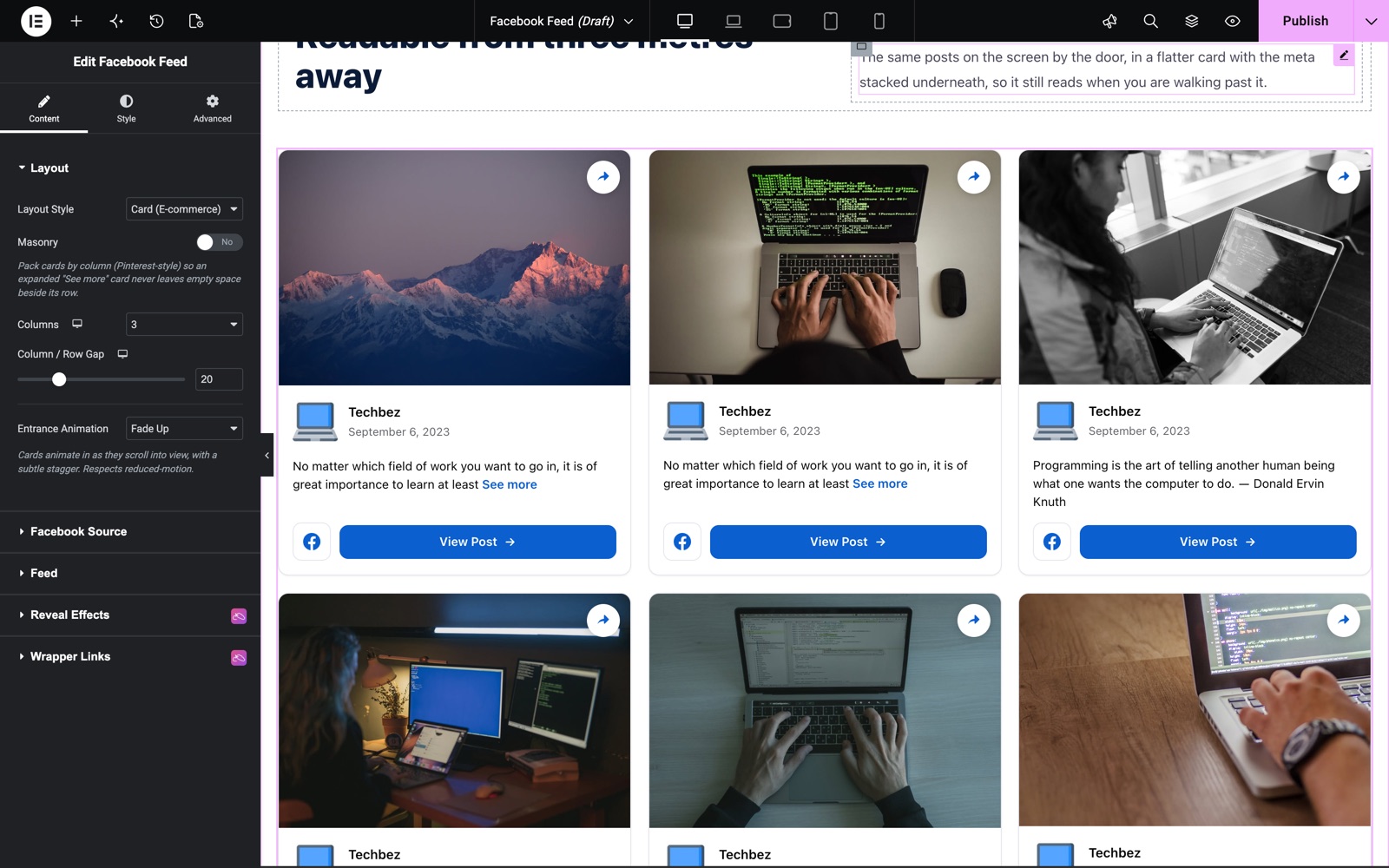 Elementor Facebook feed widget in a three-column card grid