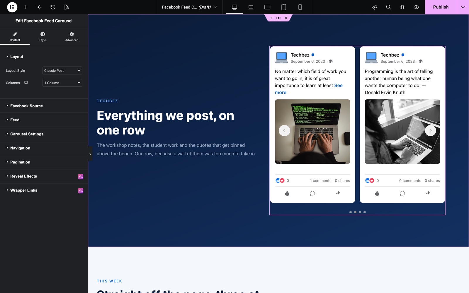 Elementor Facebook feed carousel with the Classic Post layout