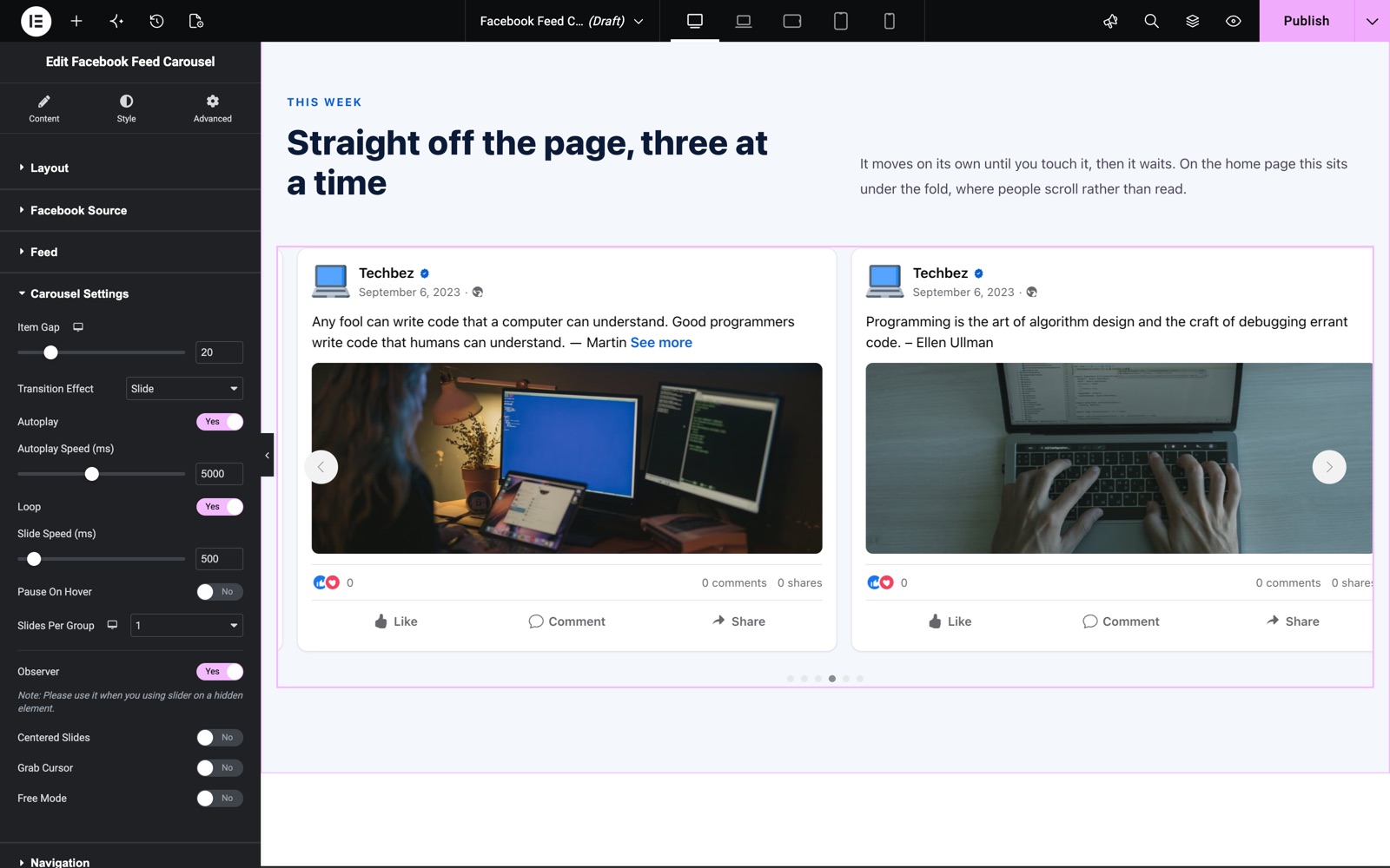Facebook Feed Carousel settings with autoplay and loop
