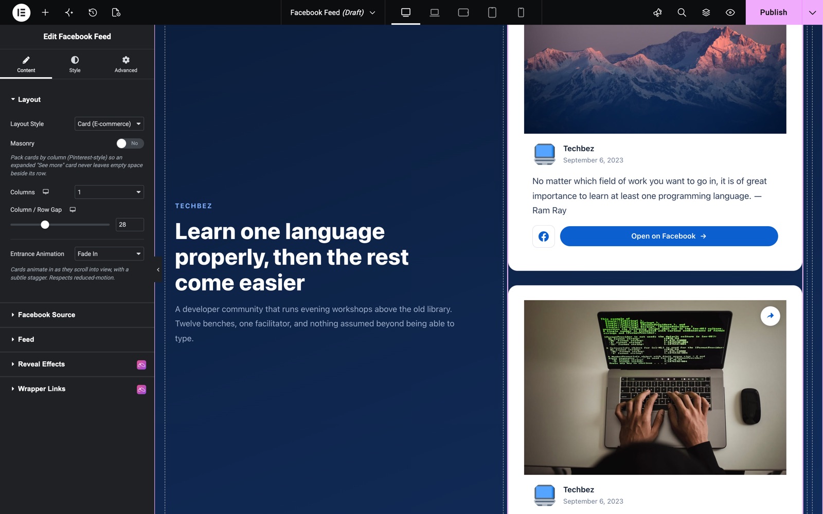 Facebook Feed widget in a single column