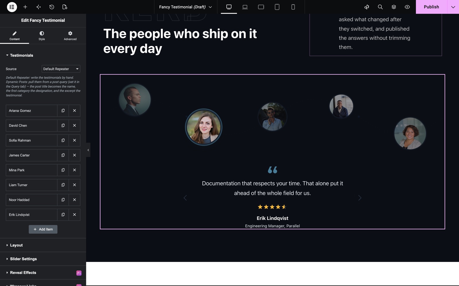 Elementor fancy testimonial with customer faces along a curve
