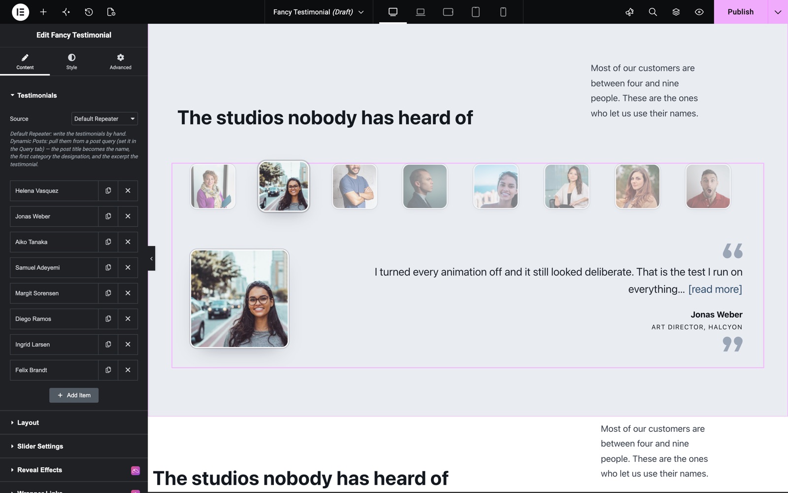 Fancy Testimonial with a row of square thumbnails and a large active photo