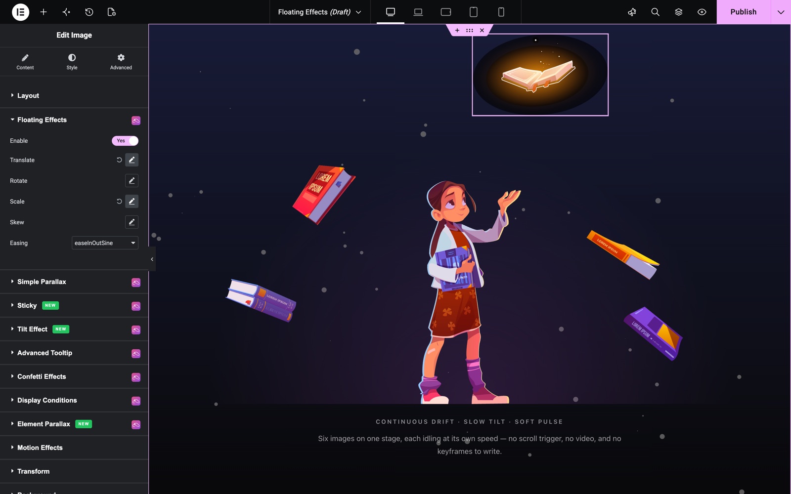 Elementor floating effect on an image widget with translate and scale