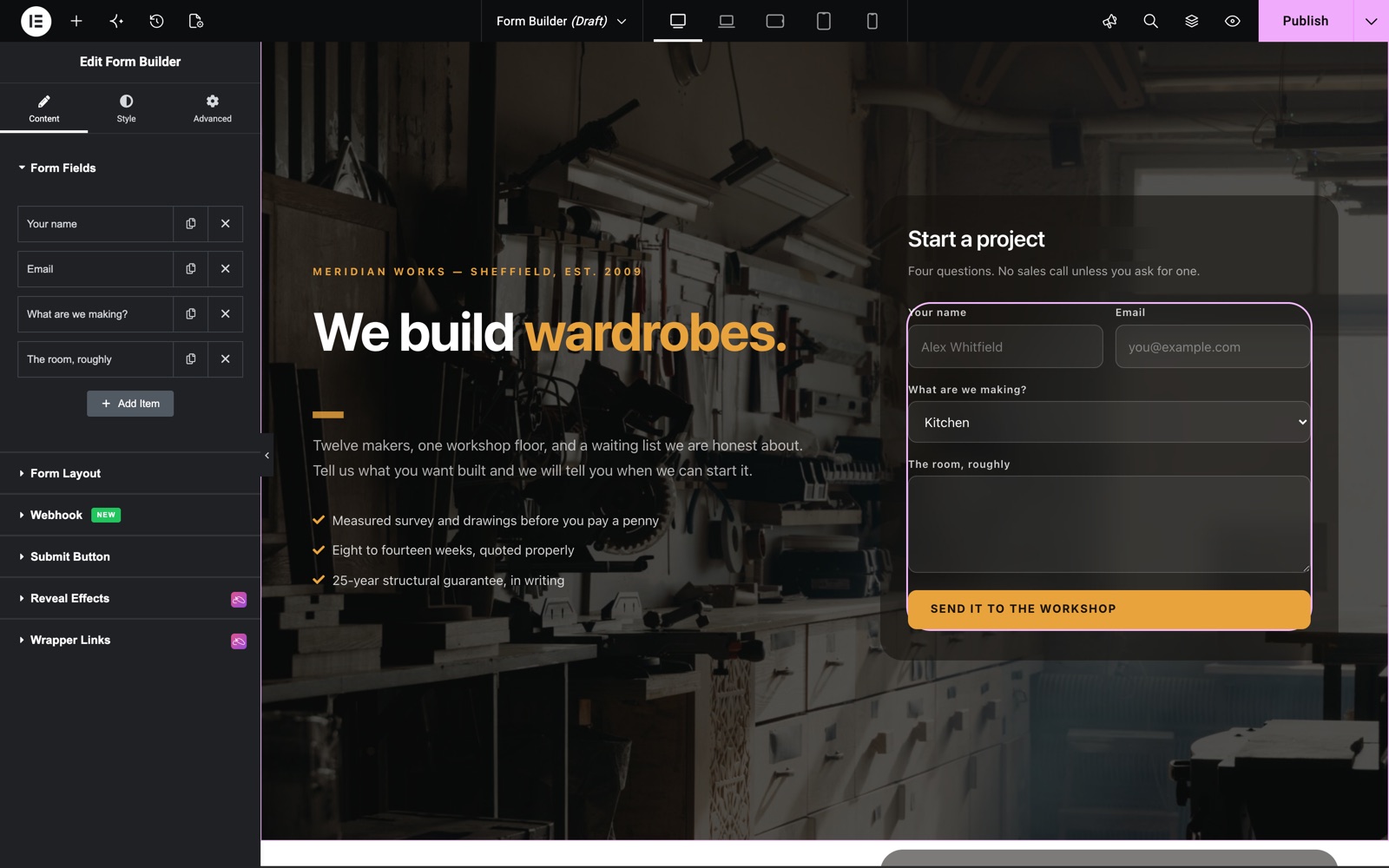 Elementor form builder with name, email, select and textarea fields
