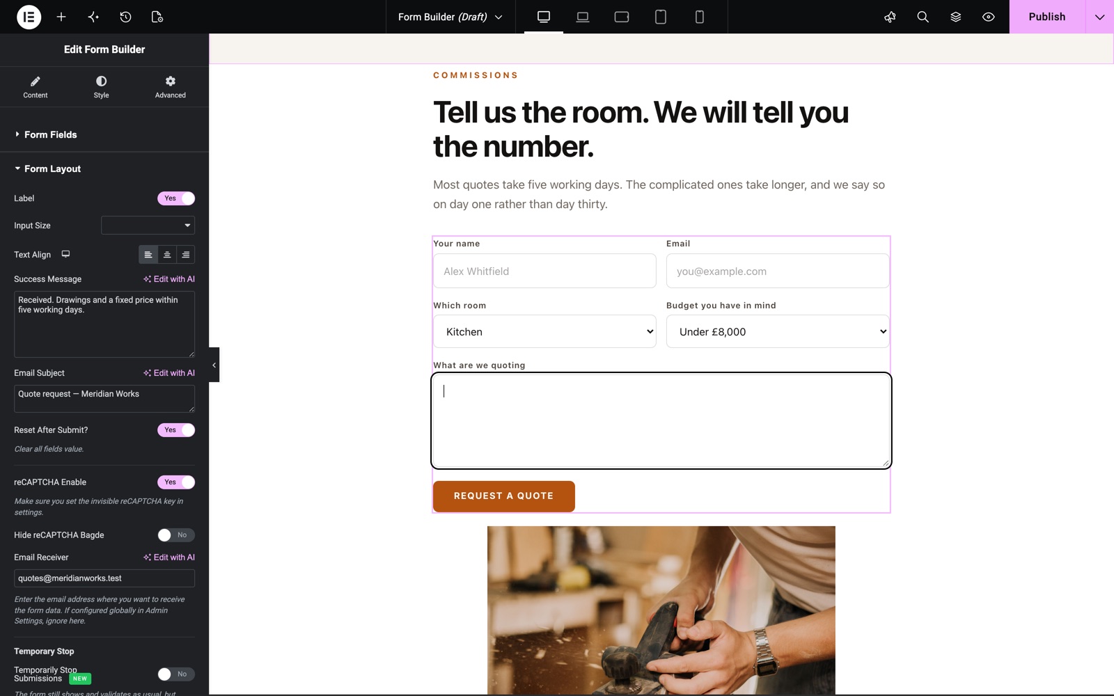 Form Builder layout settings with success message, reCAPTCHA and email receiver