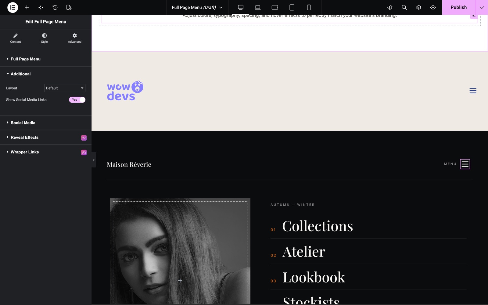 Full Page Menu Additional section with layout and social links