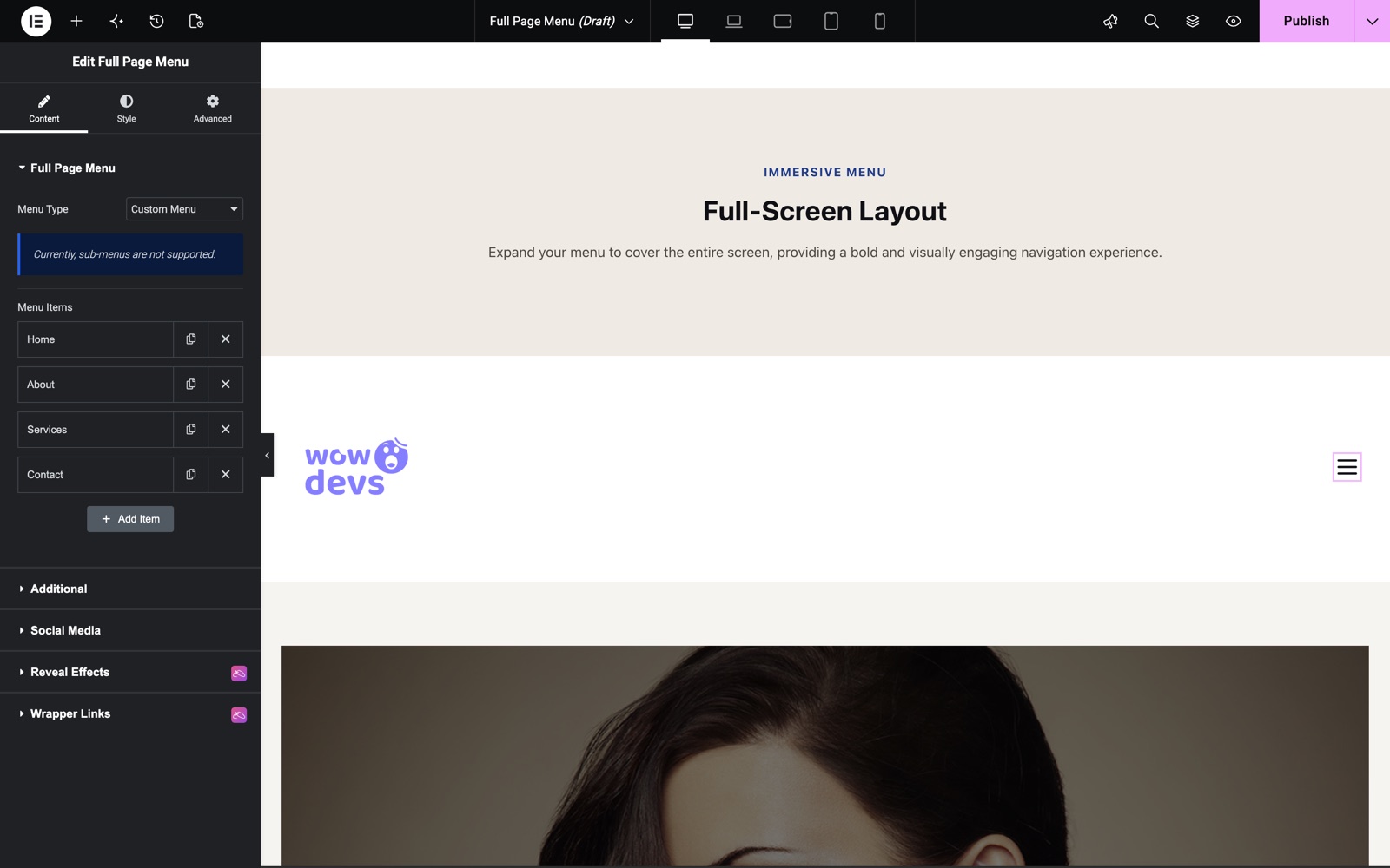 Elementor full page menu widget with four custom menu items