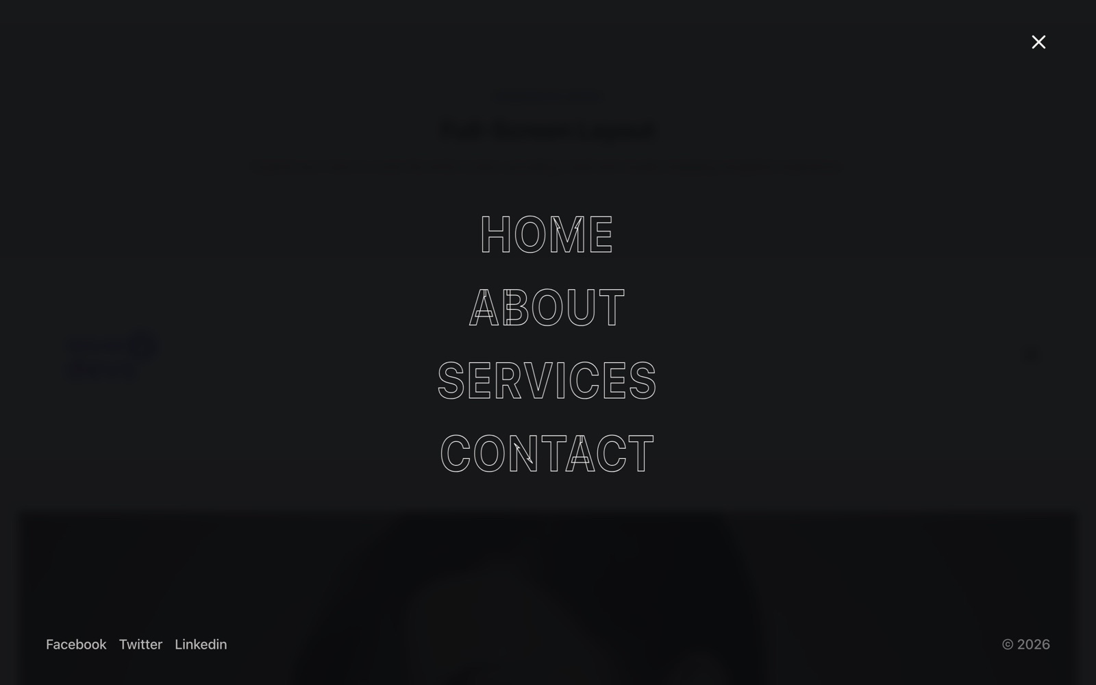 Full-screen menu overlay open with large outlined links