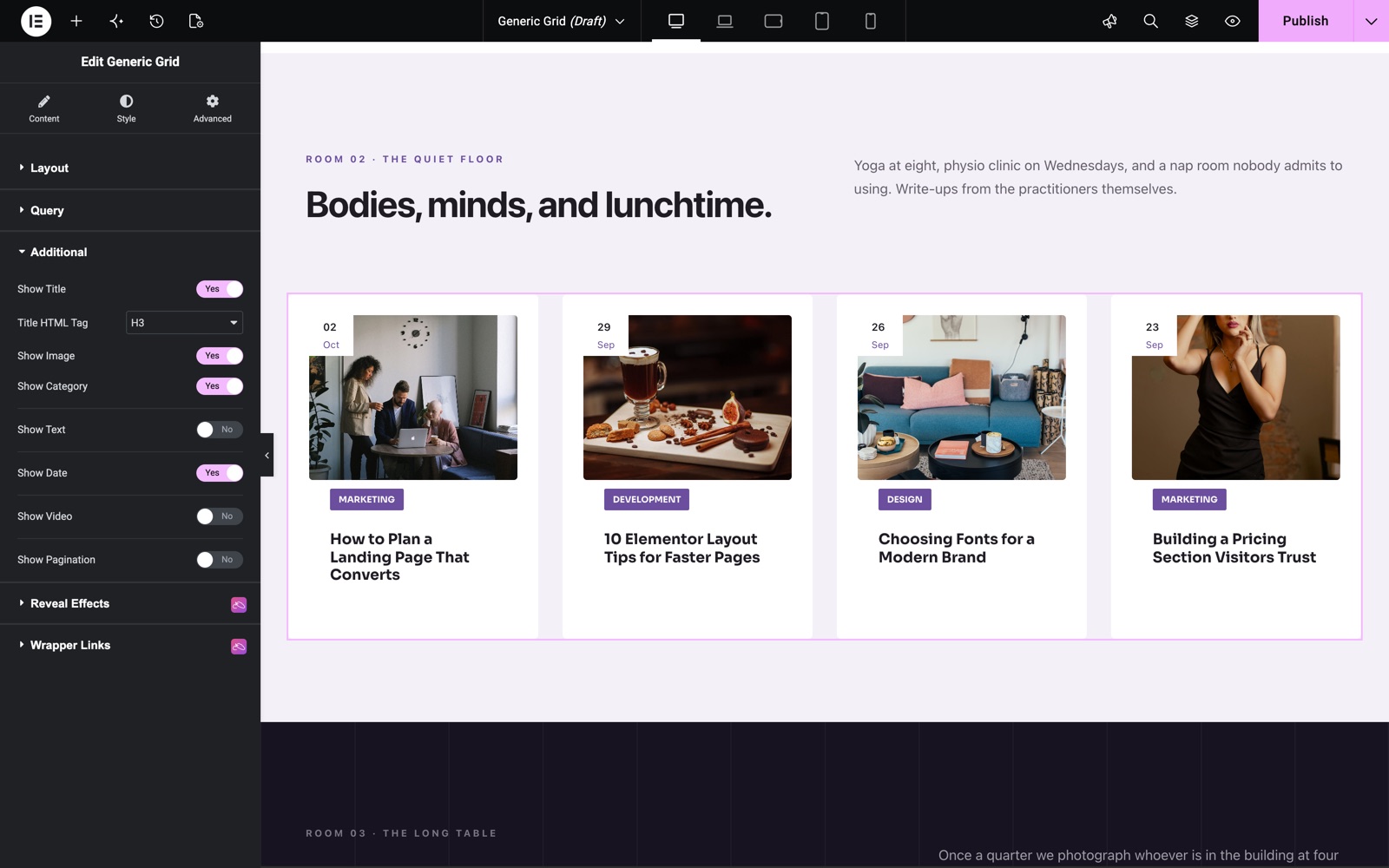Generic Grid Additional options to show or hide title, image, category and date