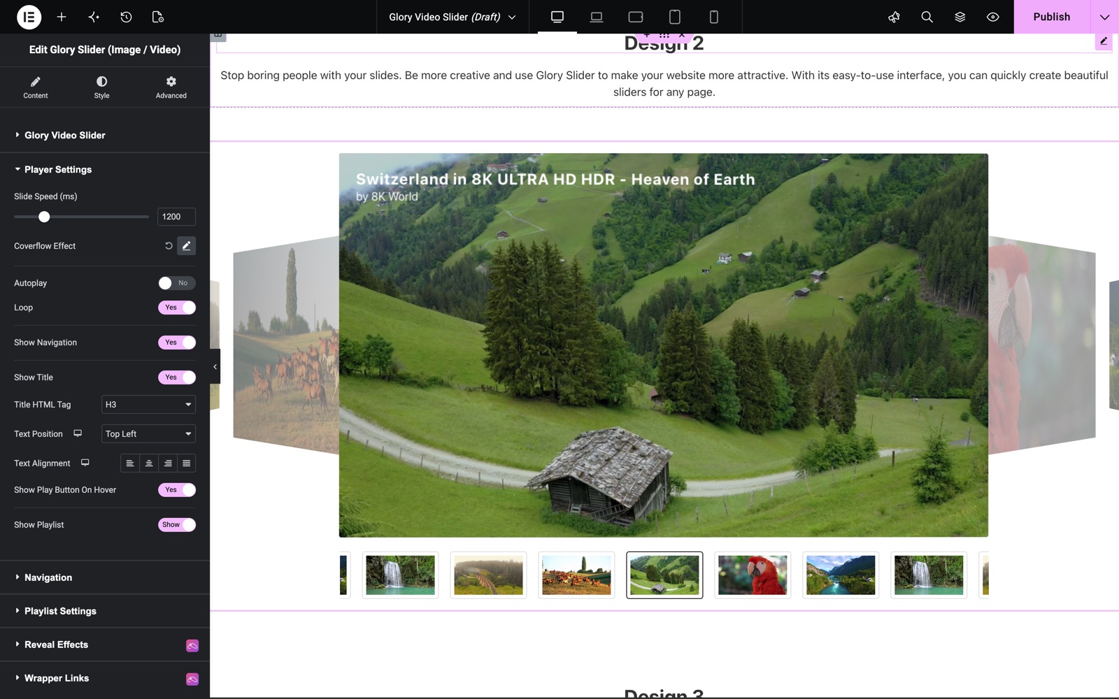 Glory Video Slider player settings with loop, navigation and playlist