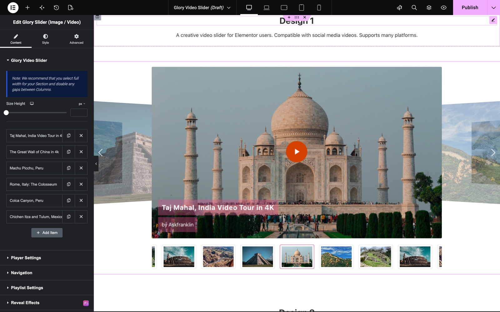 Elementor video slider with coverflow effect and thumbnail playlist