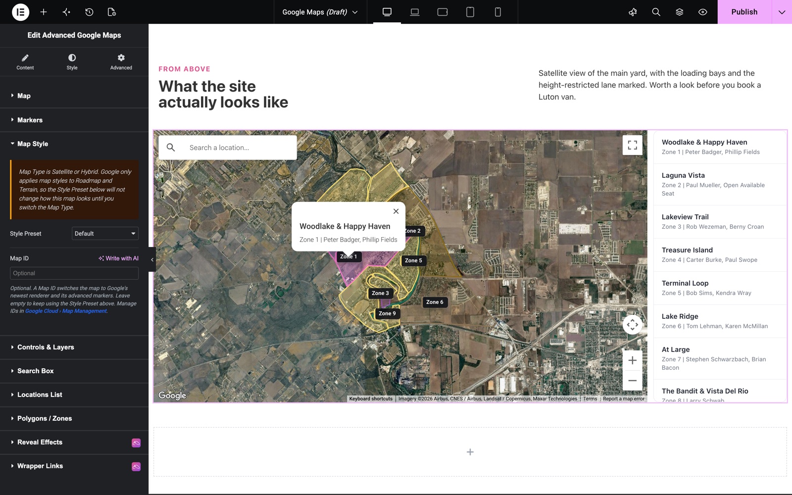 Google Maps widget in Satellite view with search box and Map Style settings