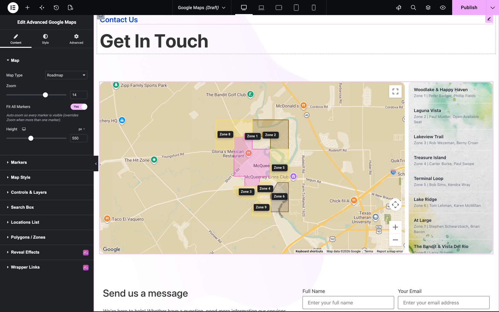 Elementor Google Maps widget with zones, markers and a locations list