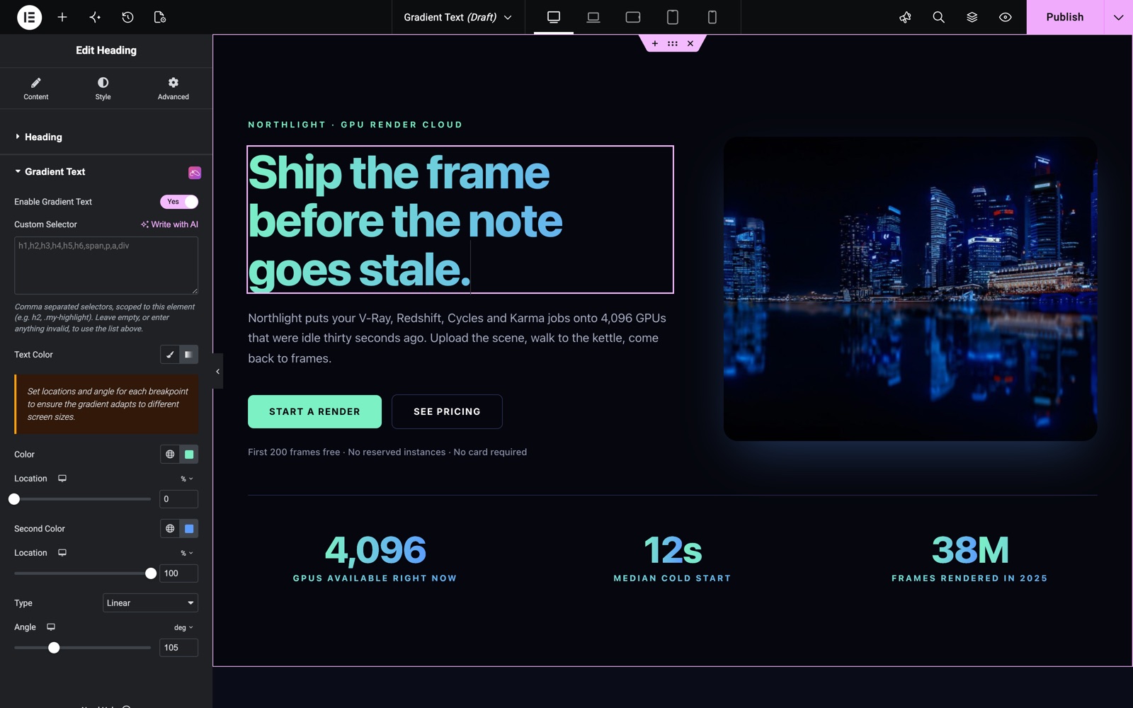 Elementor gradient text on a hero heading, Style tab settings