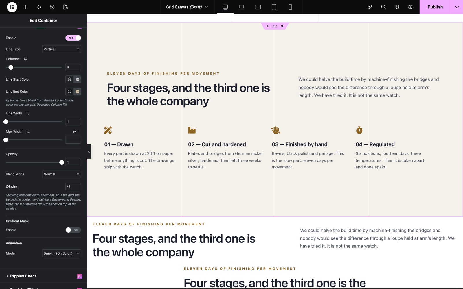 Grid Canvas gradient lines with Line End Color and Draw In scroll animation