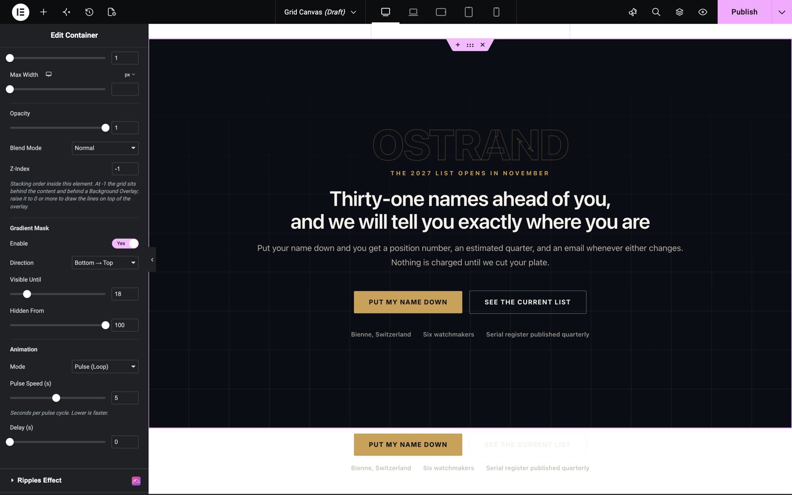 Grid Canvas gradient mask Bottom to Top and Pulse loop animation settings