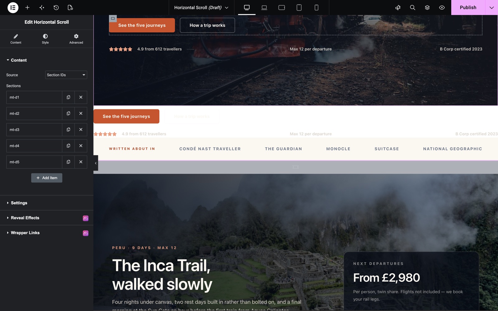 Elementor horizontal scroll widget Content section with Section IDs source and five panel rows