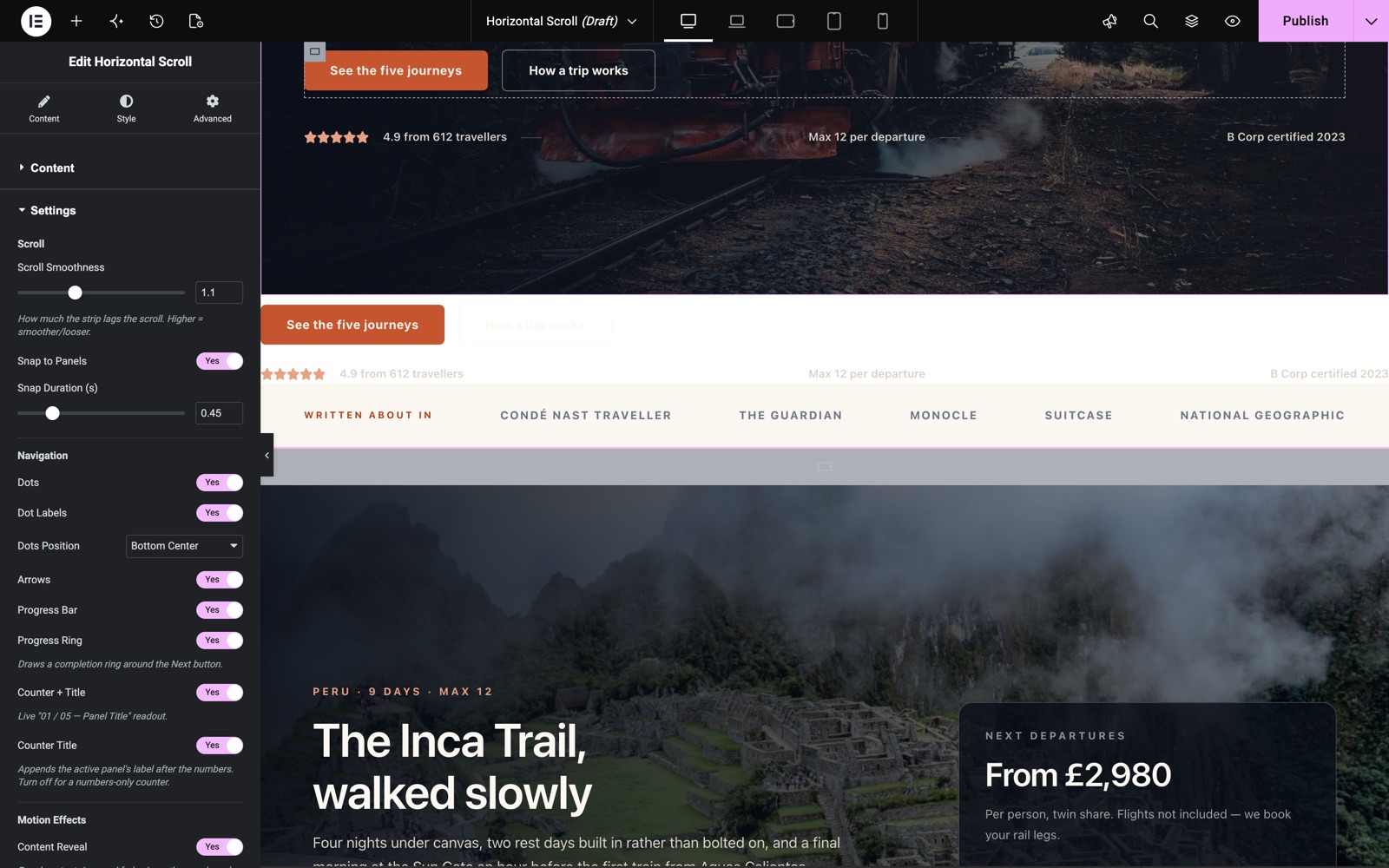 Horizontal Scroll settings with scroll smoothness, snap to panels, dots, arrows and counter