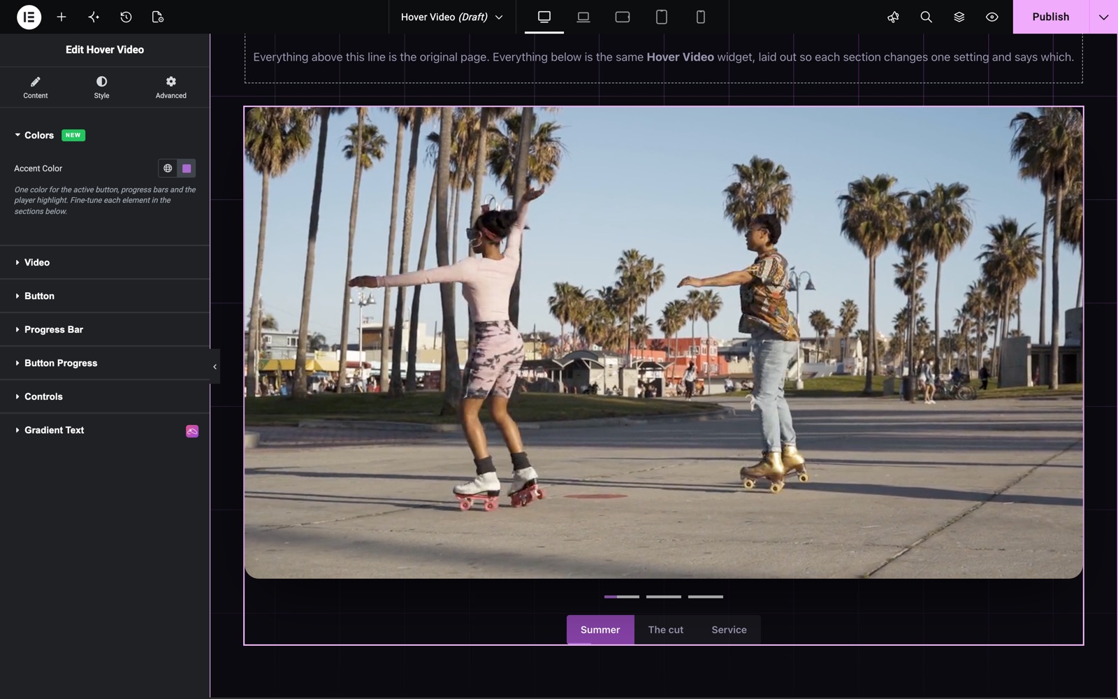 Hover Video Colors section with one accent color for tabs and progress bars