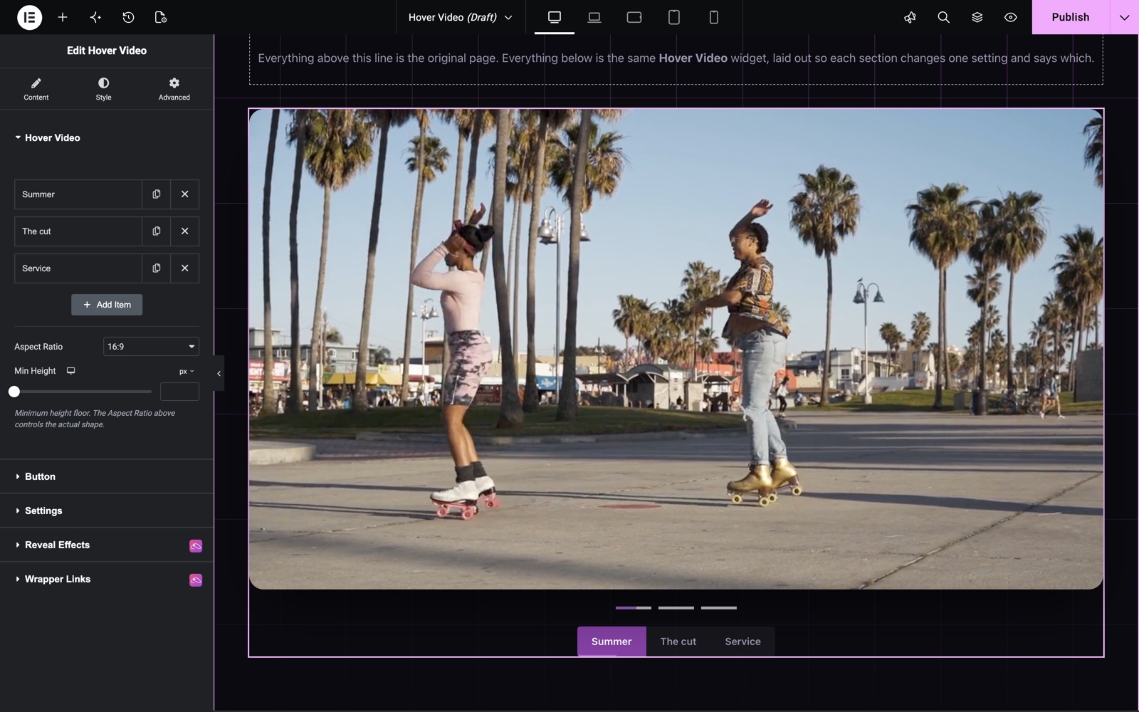 Elementor hover video widget with three videos in the repeater and a 16:9 aspect ratio
