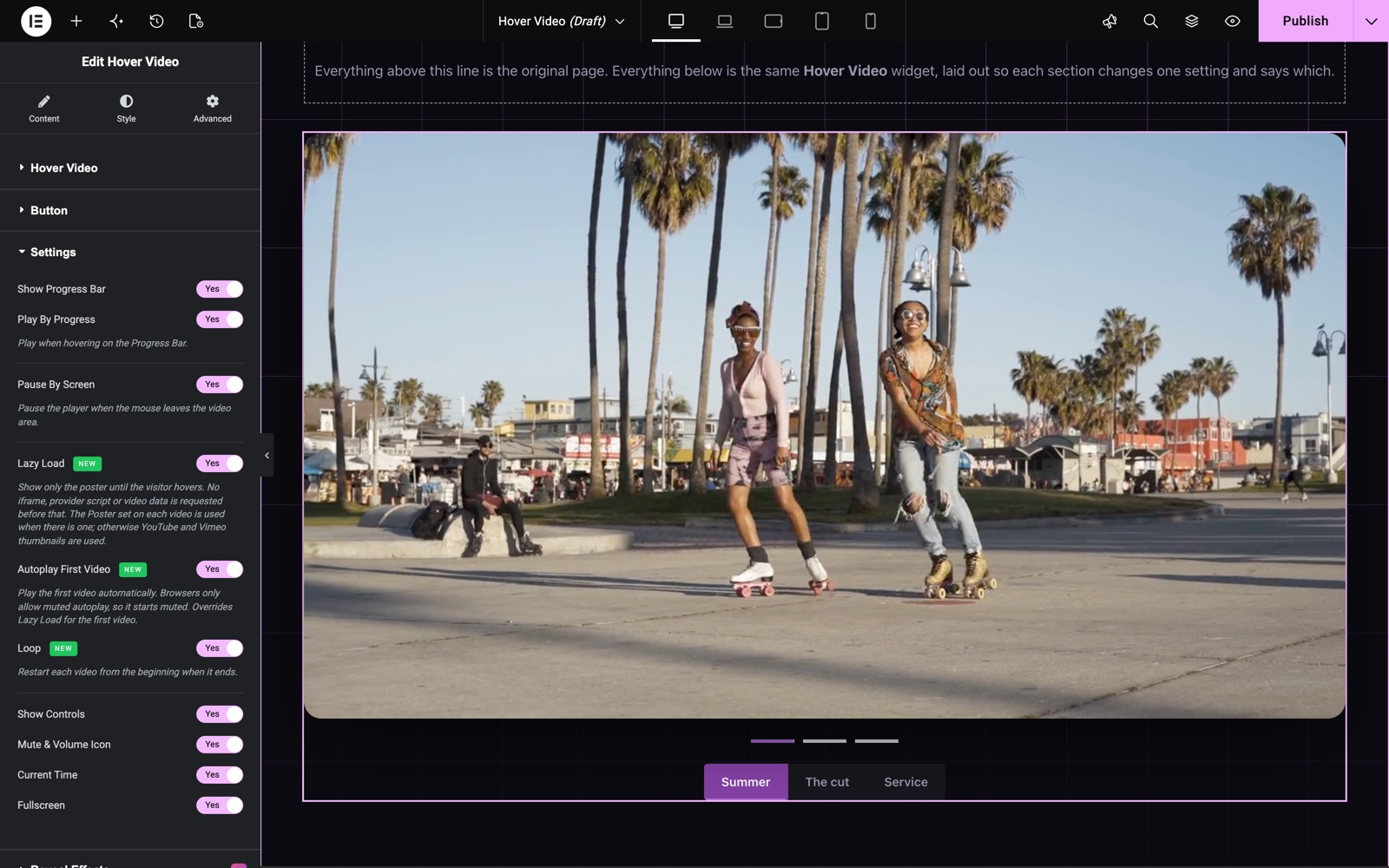 Hover Video settings with progress bar, lazy load, autoplay first video and loop