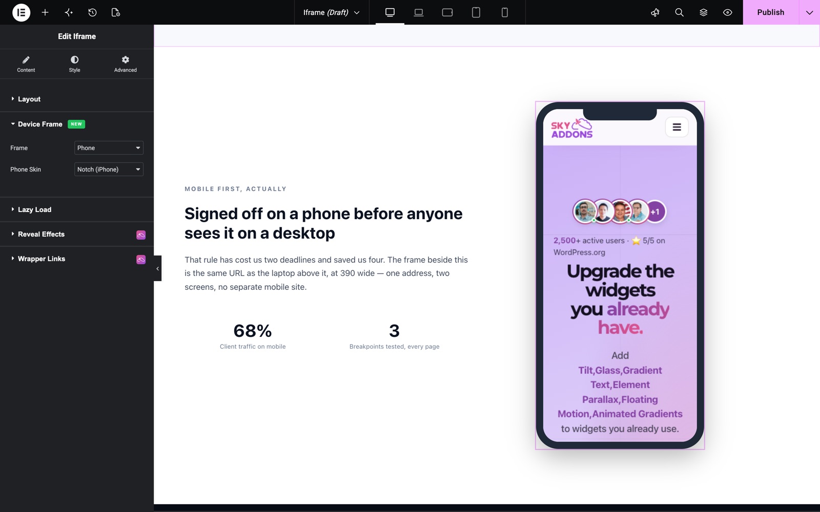 Iframe widget Phone device frame with the Notch iPhone skin in Elementor