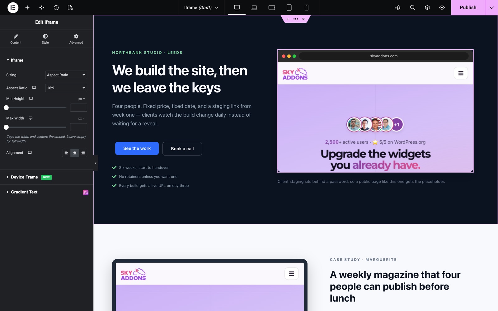 Iframe widget Style tab with Aspect Ratio sizing at 16:9, Min Height, Max Width and Alignment