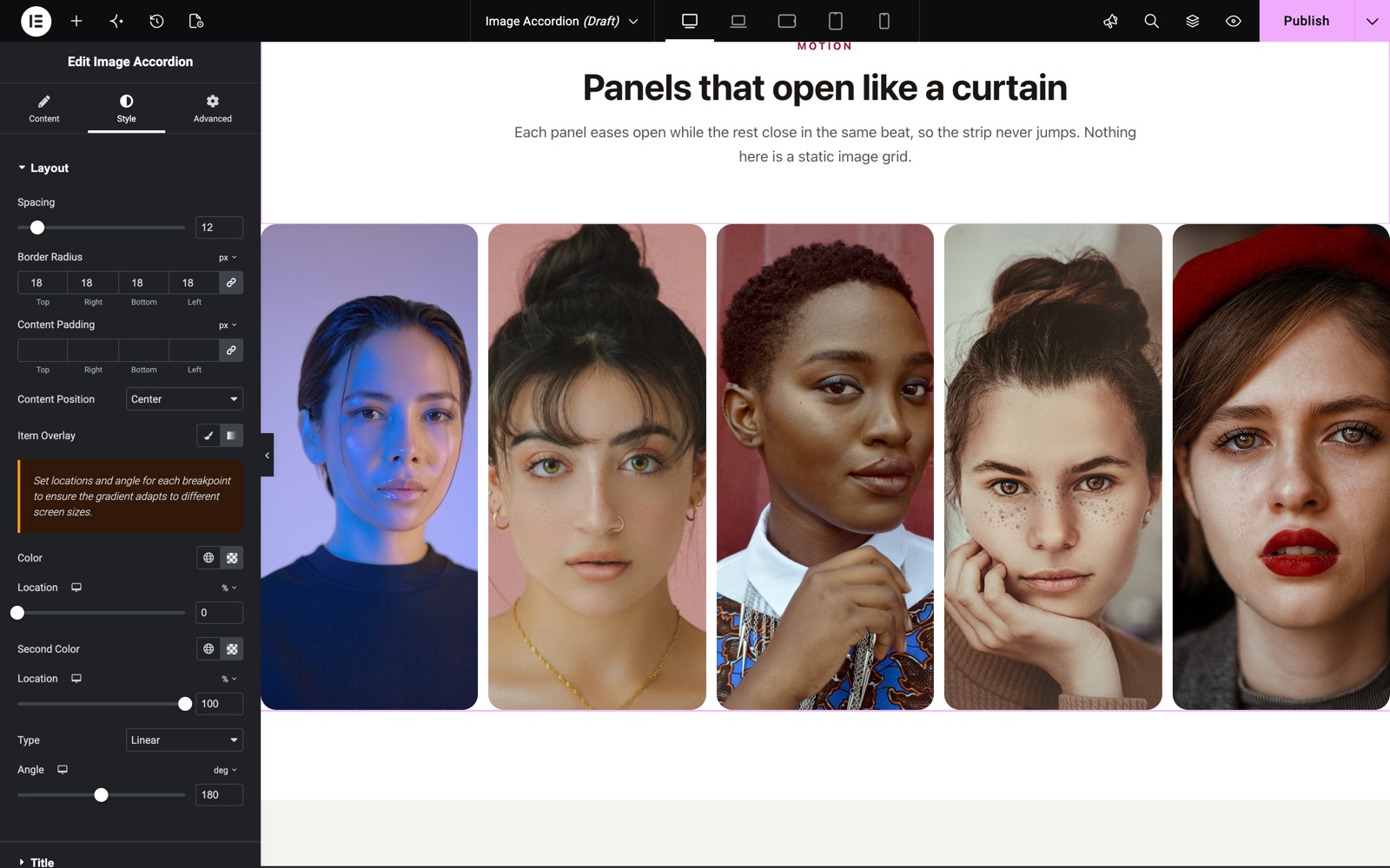 Image Accordion Layout style with spacing, border radius, content position and gradient item overlay
