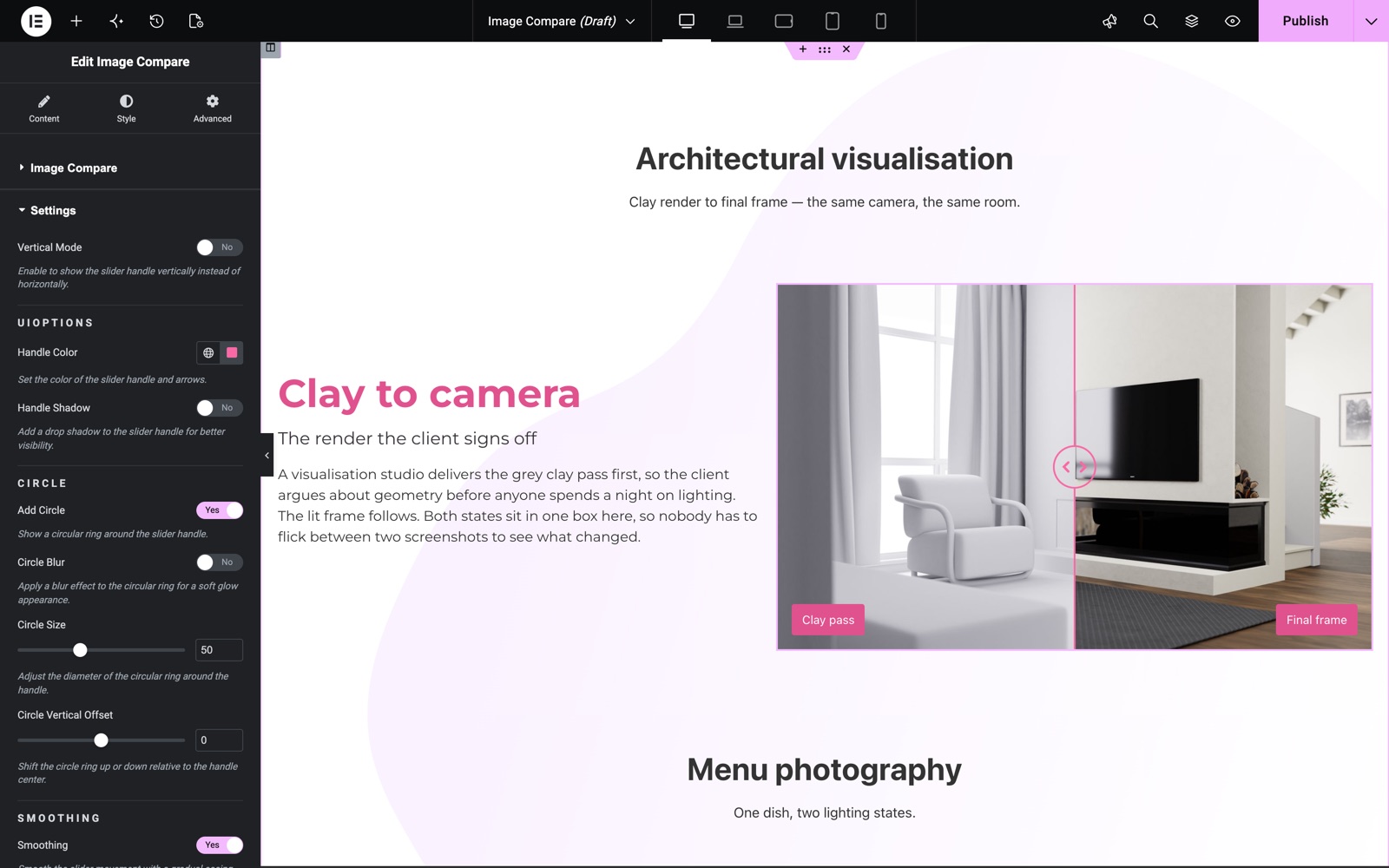 Elementor image compare widget Settings with handle color, handle shadow and circle ring