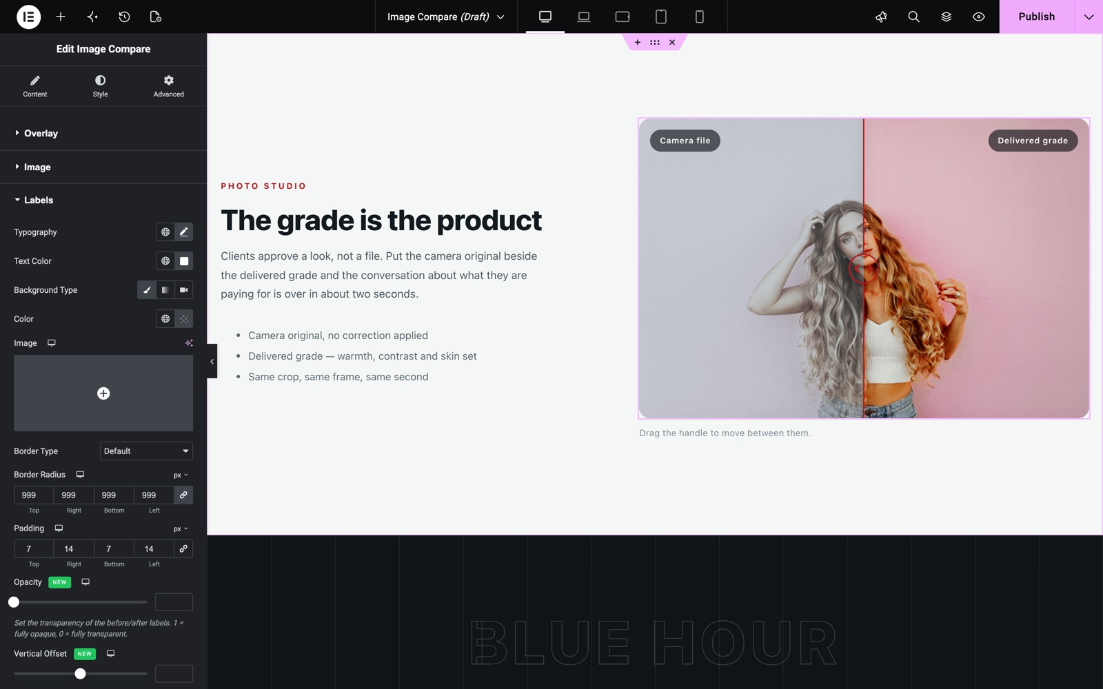 Before and after image slider label style with pill background, padding and opacity in Elementor