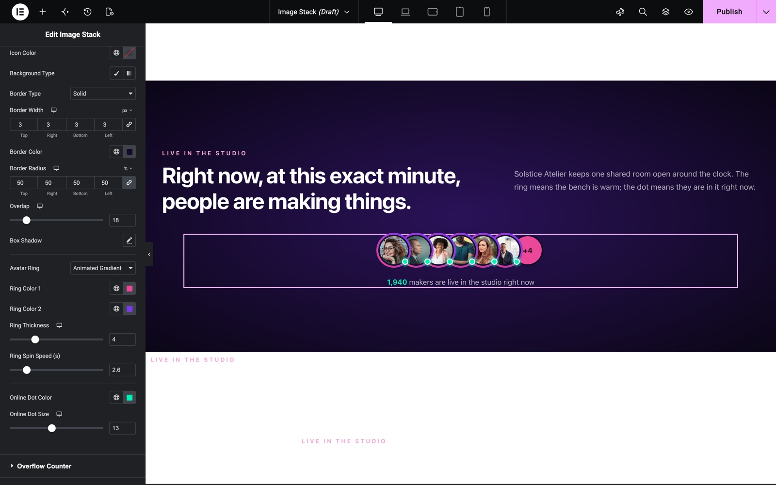 Image Stack Faces style with the Animated Gradient avatar ring, ring colors and spin speed