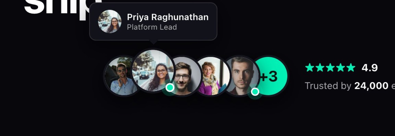 Avatar stack on the front end with a hover tooltip, lift effect and online dot