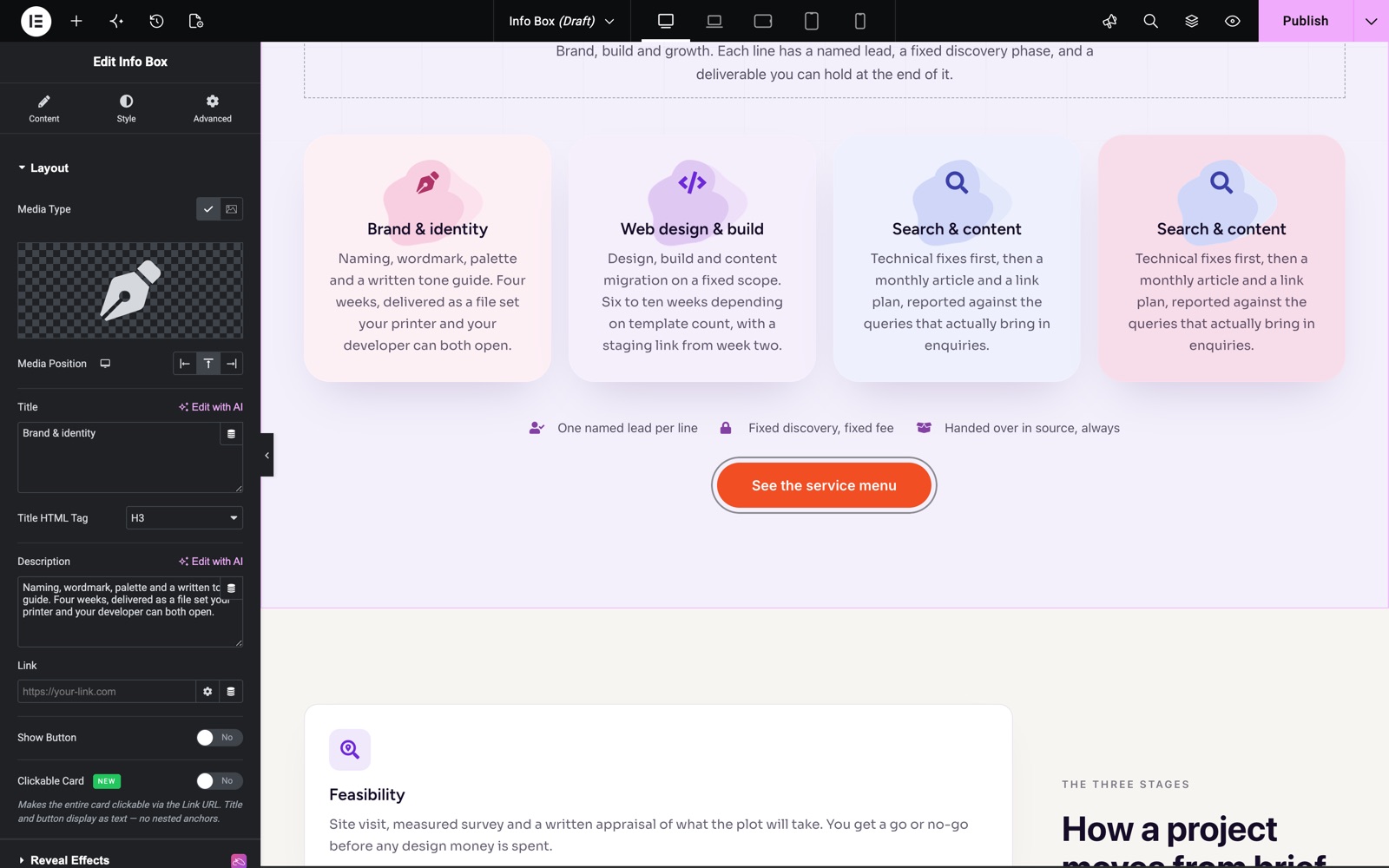 Elementor info box widget Layout section with icon media type, top position, title and description