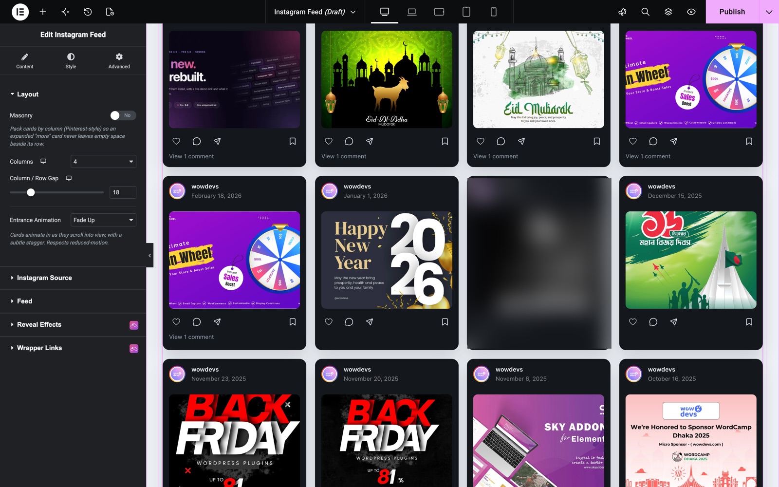 Elementor Instagram feed widget in a 4 column grid with Fade Up entrance animation
