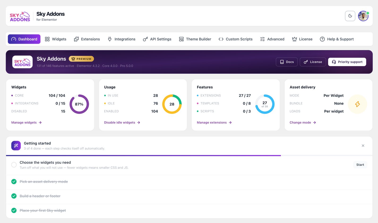 Sky Addons dashboard after installing the free plugin
